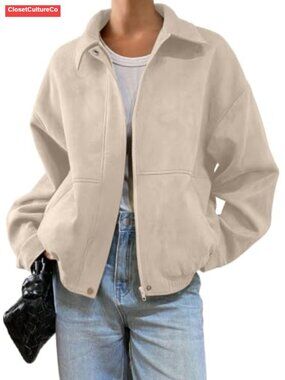Faux Suede Bomber Jacket Zip Up Cropped Lapel Coat
